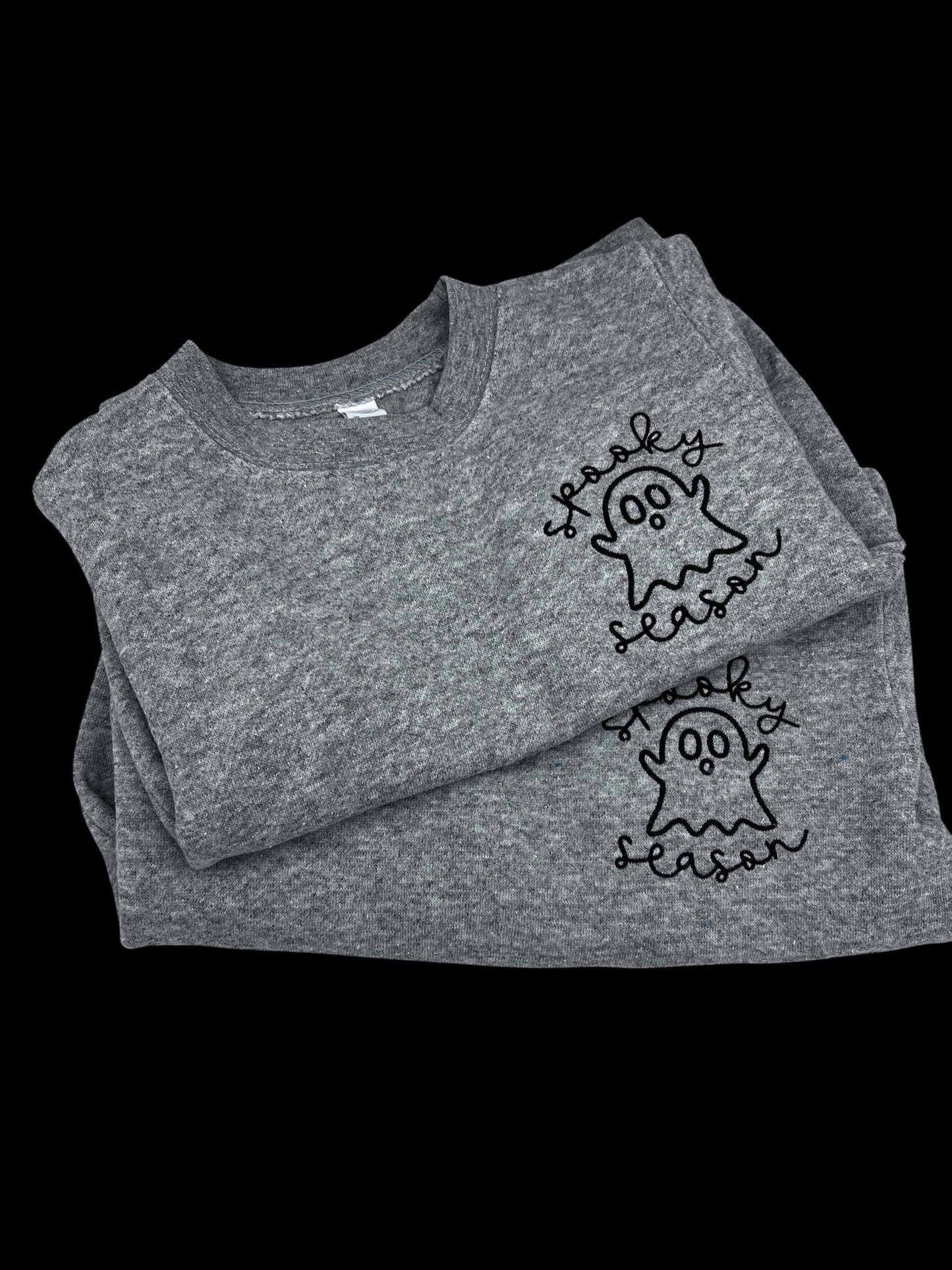 Kids Embroidered Pocket Spooky Season Ghost Sweatshirt – Halloween Tee – Cozy Fall Embroidery Shirt Embroidered pocket Ghost