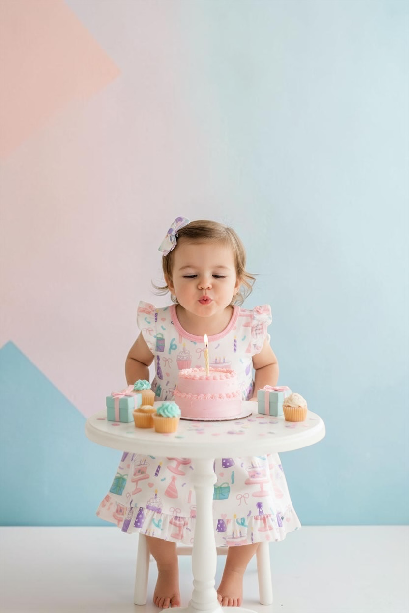 Toddler girl wearing a Nannette's Online Designs birthday dress with ruffle hem and cake print, blowing out a candle.