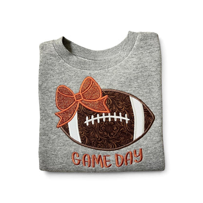 Girls Game Day Football with a Bow Embroidered Sweatshirt - personalization available.