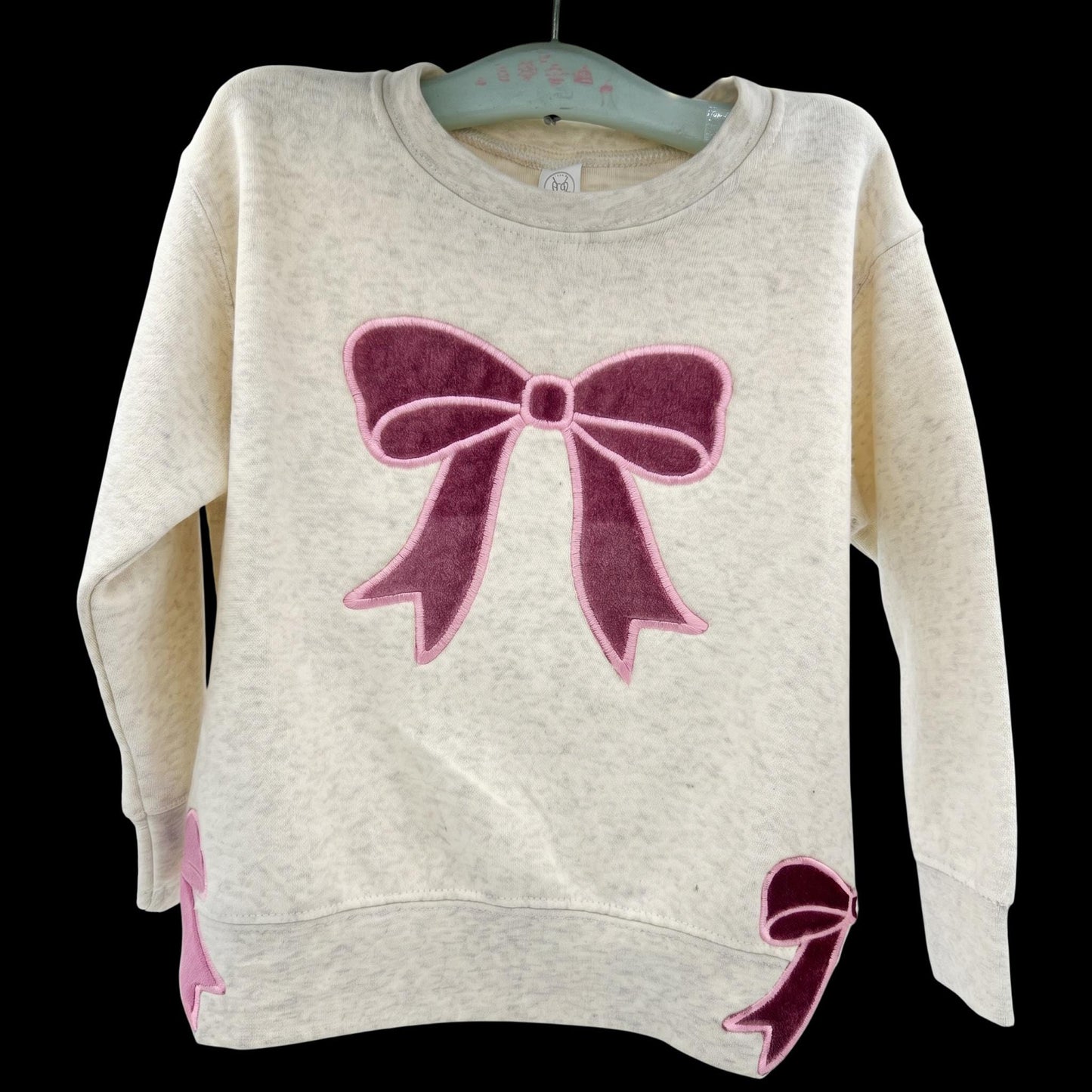 Pink Velvet Bow Embroidered Sweatshirt - Split Bows on Each Side - Can Personalize