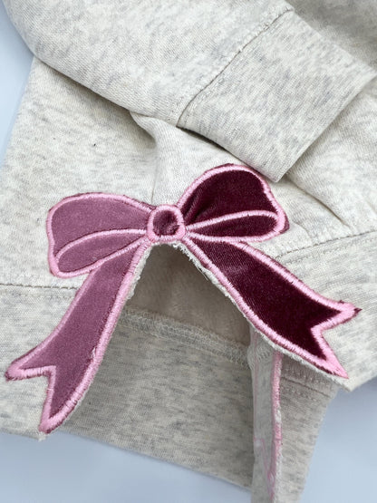 Pink Velvet Bow Embroidered Sweatshirt - Split Bows on Each Side - Can Personalize