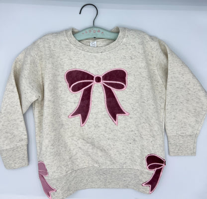 Pink Velvet Bow Embroidered Sweatshirt - Split Bows on Each Side - Can Personalize