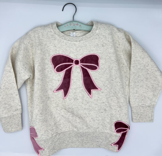 Pink Velvet Bow Embroidered Sweatshirt - Split Bows on Each Side - Can Personalize