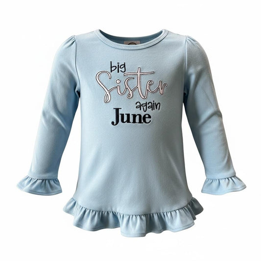 Big Sister Again embroidered long sleeve ruffle tee