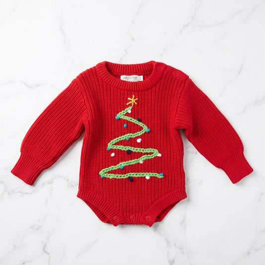 Hand Embroidered Knitted Christmas tree Baby Bodysuits