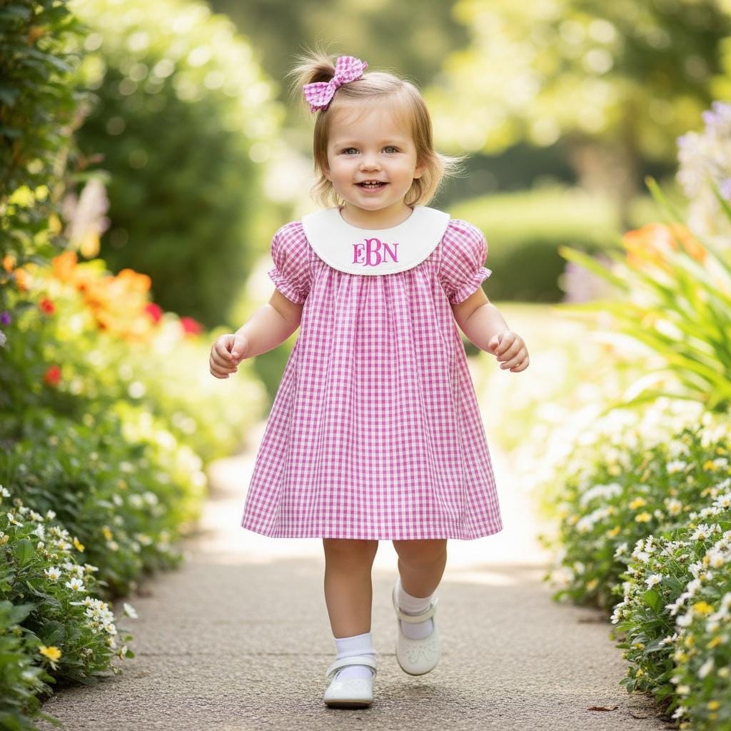 Personalized Embroidered Pink Gingham Bishop Dress for Girls – Custom Monogram Dress