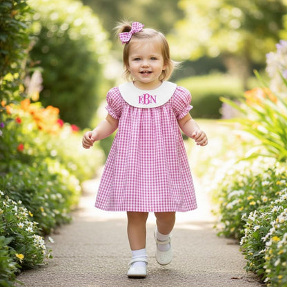 Personalized Embroidered Pink Gingham Bishop Dress for Girls – Custom Monogram Dress