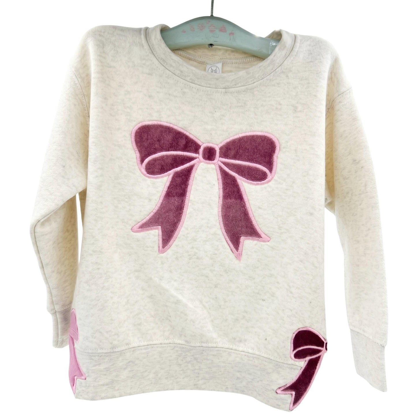 Pink Velvet Bow Embroidered Sweatshirt - Split Bows on Each Side - Can Personalize