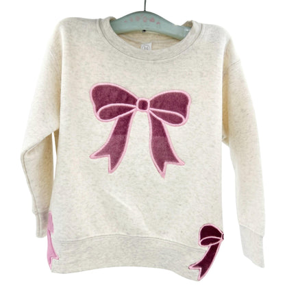 Pink Velvet Bow Embroidered Sweatshirt - Split Bows on Each Side - Can Personalize