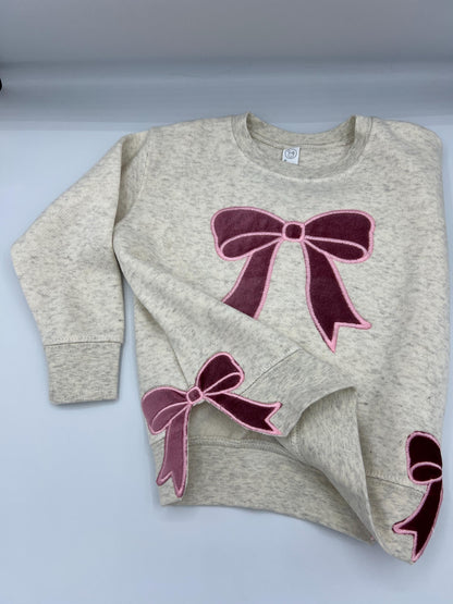 Pink Velvet Bow Embroidered Sweatshirt - Split Bows on Each Side - Can Personalize
