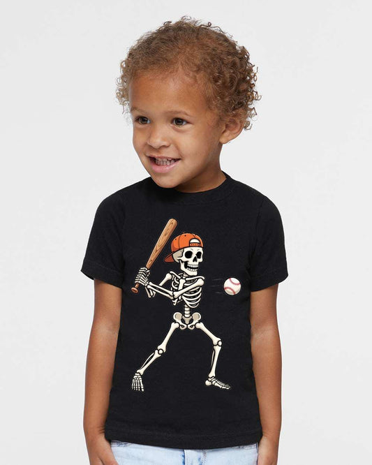 Kids Spooky Baseball Skeleton t-shirt – Fun Fall Halloween Tee Shirt or Sweatshirt