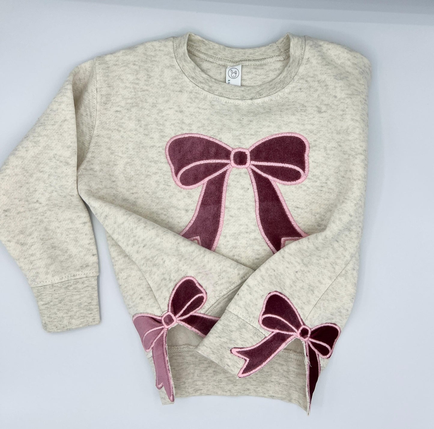 Pink Velvet Bow Embroidered Sweatshirt - Split Bows on Each Side - Can Personalize