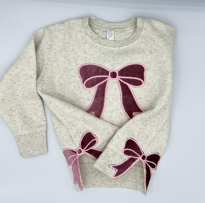 Pink Velvet Bow Embroidered Sweatshirt - Split Bows on Each Side - Can Personalize