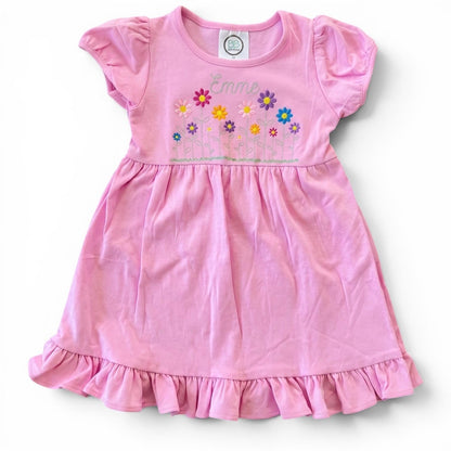 Personalized Flower Embroidered Pink Ruffle Cotton Dress for Girls