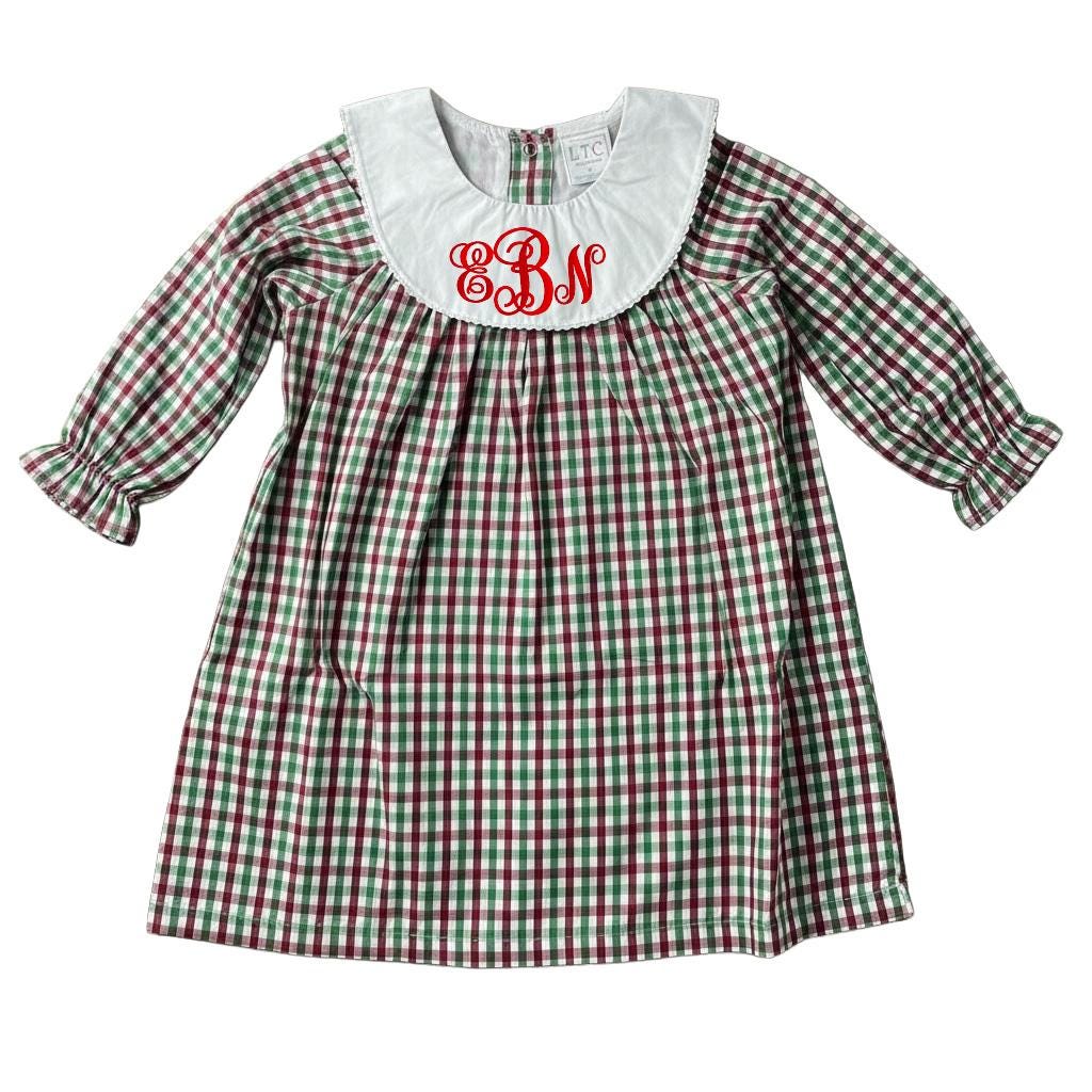 Personalized Embroidered Plaid Christmas Dress for Girls – Custom Monogram Holiday Dress