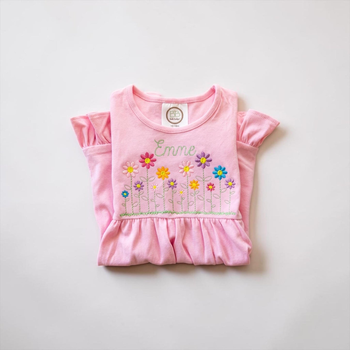 Personalized Flower Embroidered Pink Ruffle Cotton Dress for Girls