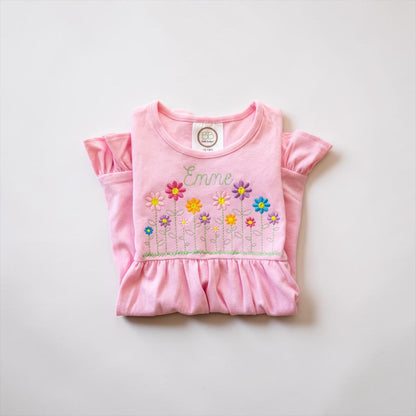 Personalized Flower Embroidered Pink Ruffle Cotton Dress for Girls
