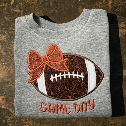 Girls Game Day Football with a Bow Embroidered Sweatshirt - personalization available.