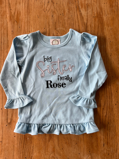 Big Sister Finally Embroidered long sleeve ruffle tee