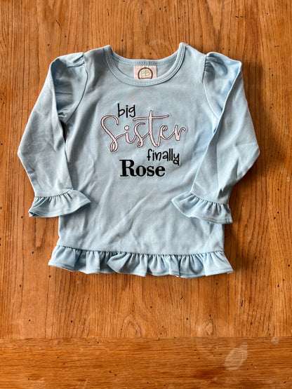 Big Sister Finally Embroidered long sleeve ruffle tee