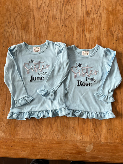 Big Sister Finally Embroidered long sleeve ruffle tee