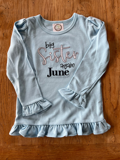 Big Sister Again embroidered long sleeve ruffle tee