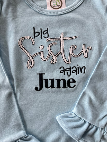 Big Sister Again embroidered long sleeve ruffle tee