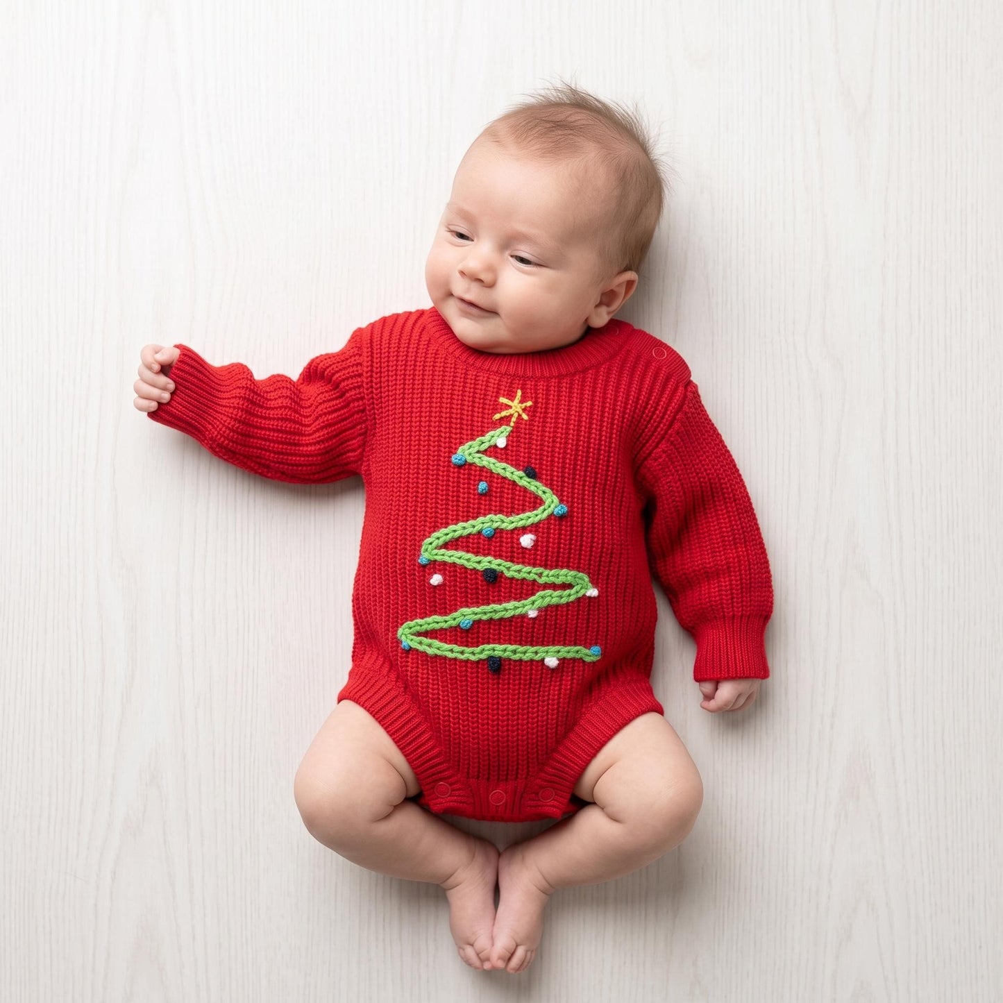 Hand Embroidered Knitted Christmas tree Baby Bodysuits