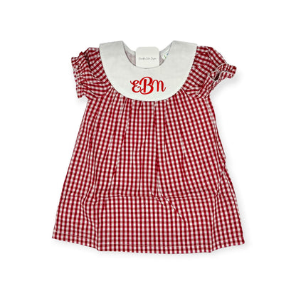 Personalized Embroidered Red Gingham Bishop Dress for Girls – Custom Monogram Dress