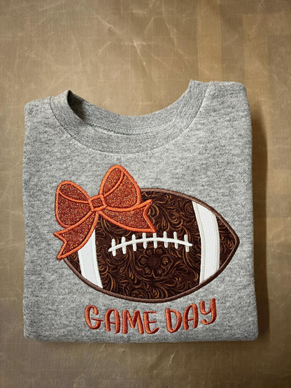 Girls Game Day Football with a Bow Embroidered Sweatshirt - personalization available.
