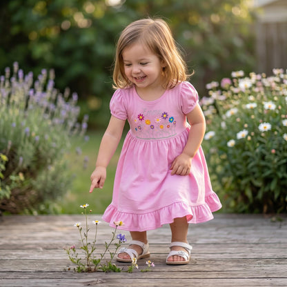 Personalized Flower Embroidered Pink Ruffle Cotton Dress for Girls