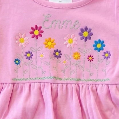 Personalized Flower Embroidered Pink Ruffle Cotton Dress for Girls