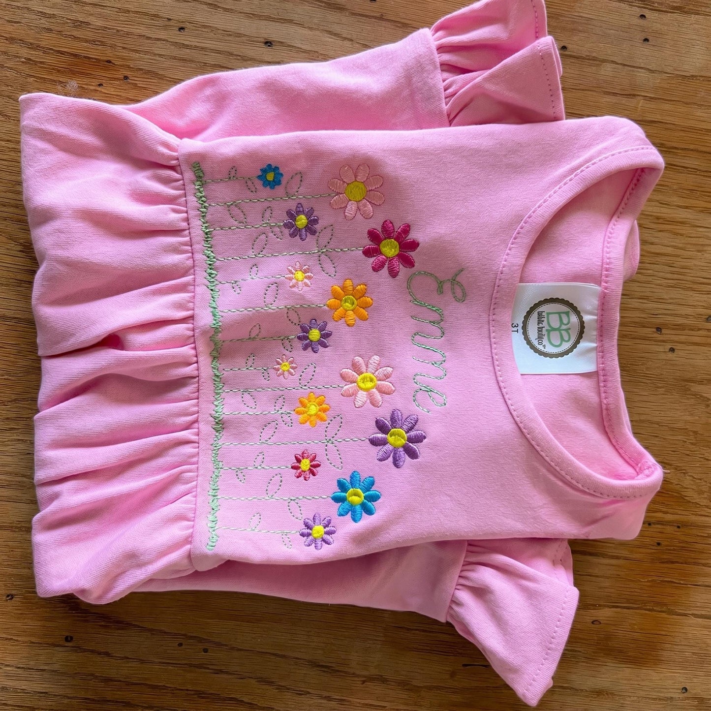 Personalized Flower Embroidered Pink Ruffle Cotton Dress for Girls