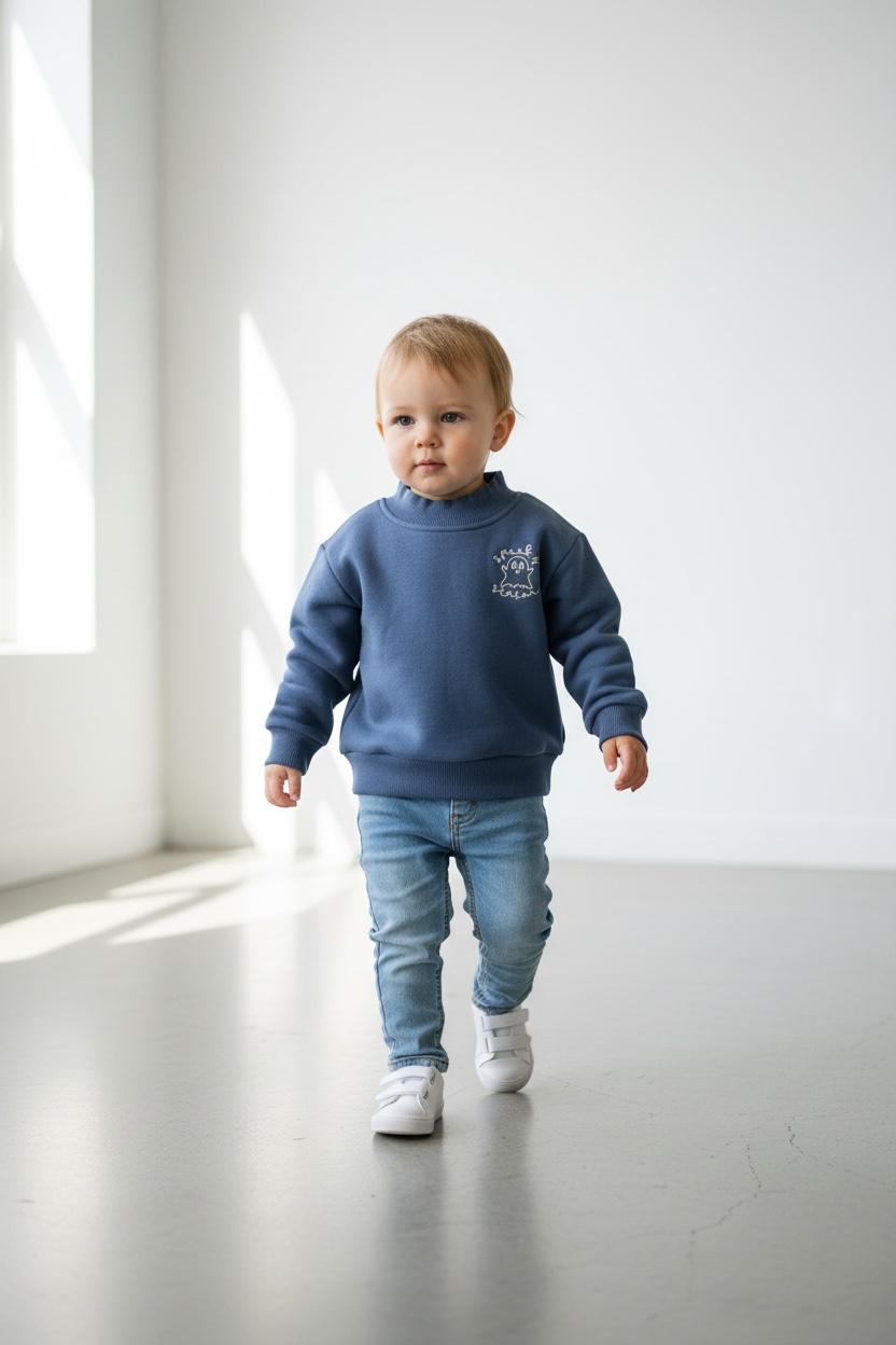 Toddler Spooky Season Ghost Embroidered Mock Neck Sweatshirt – Cozy Fall Halloween Pullover