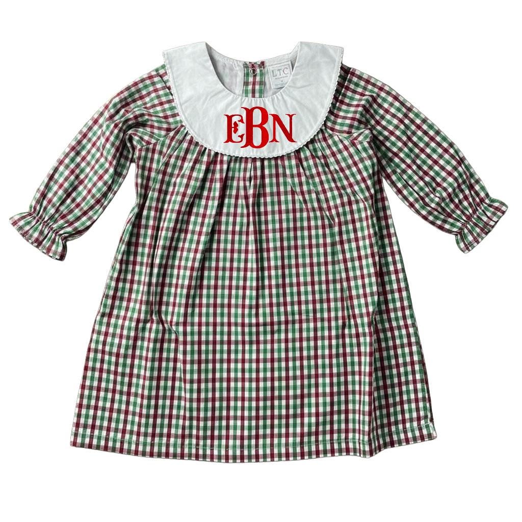Personalized Embroidered Plaid Christmas Dress for Girls – Custom Monogram Holiday Dress