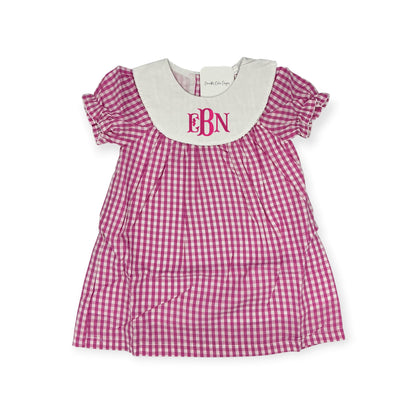 Personalized Embroidered Pink Gingham Bishop Dress for Girls – Custom Monogram Dress