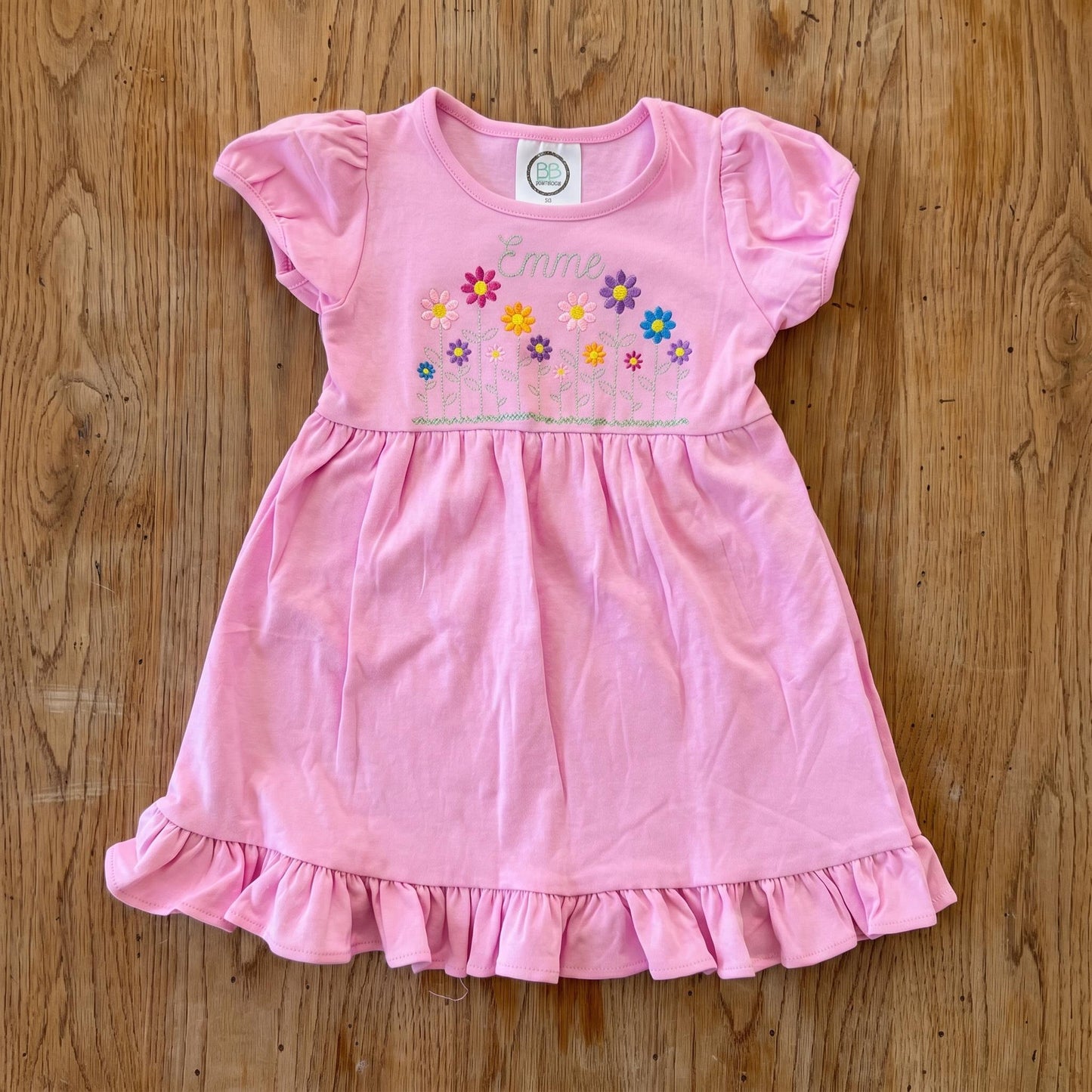 Personalized Flower Embroidered Pink Ruffle Cotton Dress for Girls