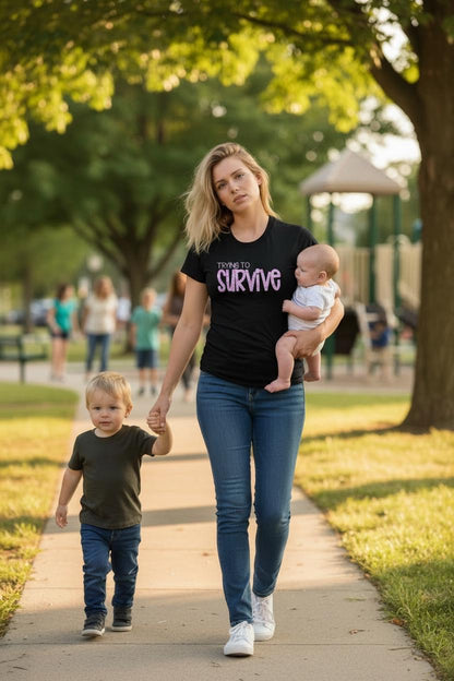 Trying to Survive - Embordered Appliqué Tshirt- pink and Black
