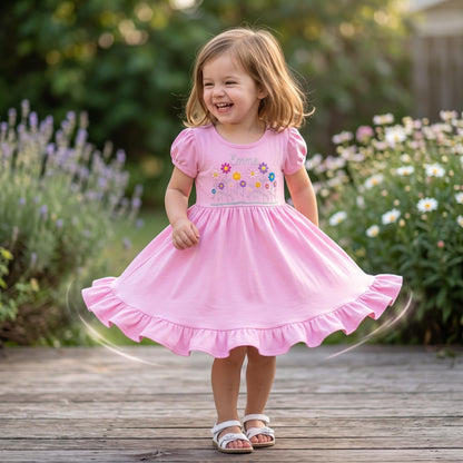 Personalized Flower Embroidered Pink Ruffle Cotton Dress for Girls