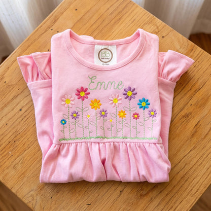 Personalized Flower Embroidered Pink Ruffle Cotton Dress for Girls