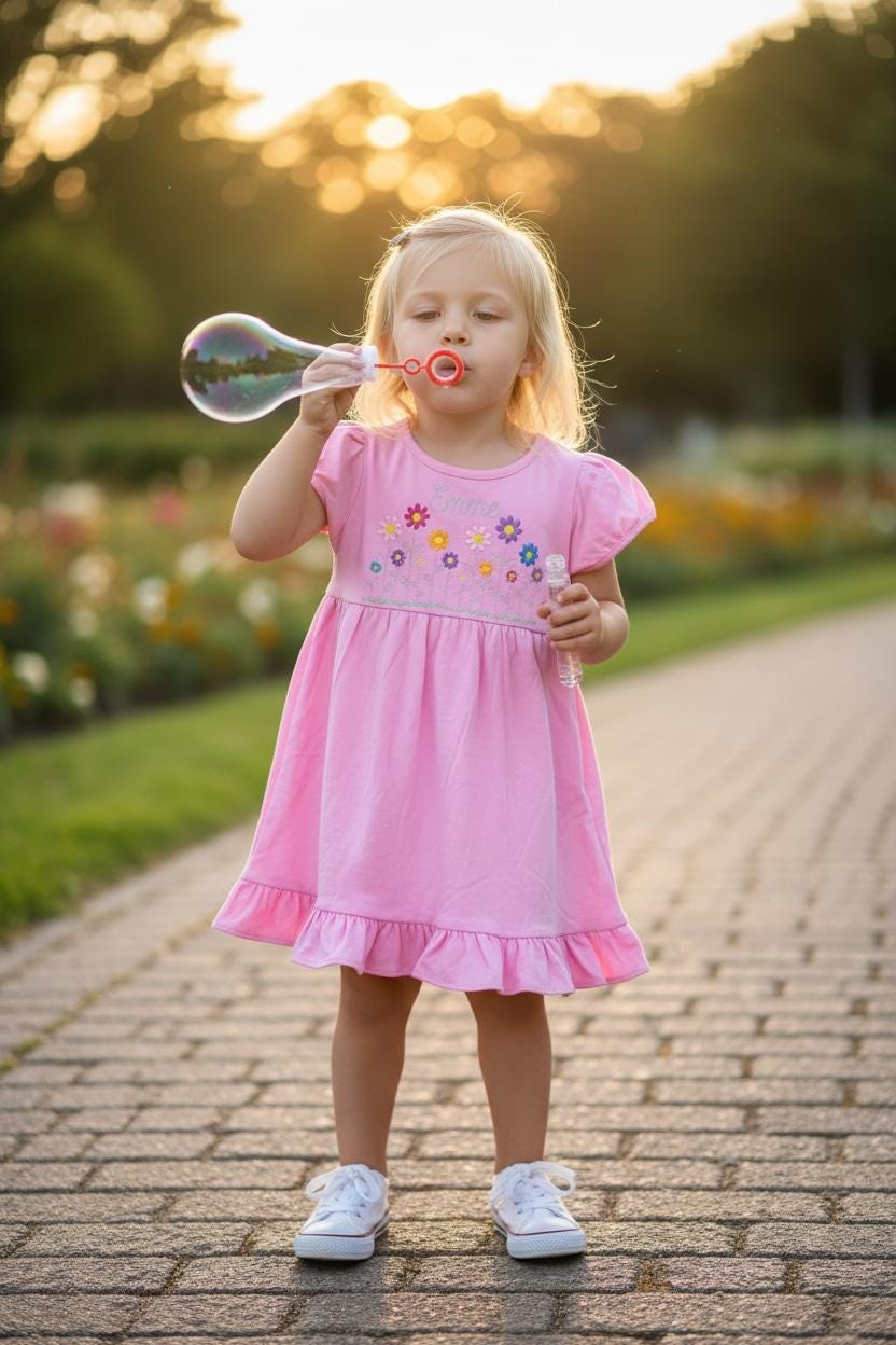 Personalized Flower Embroidered Pink Ruffle Cotton Dress for Girls