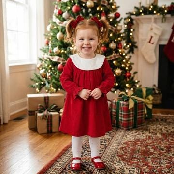 Personalized Embroidered Red Corduroy Christmas Dress for Girls