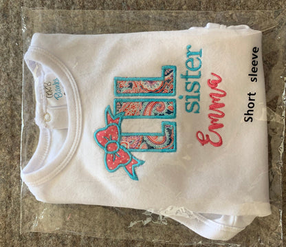 Baby Embroidered Little Sister Shirt or body suit