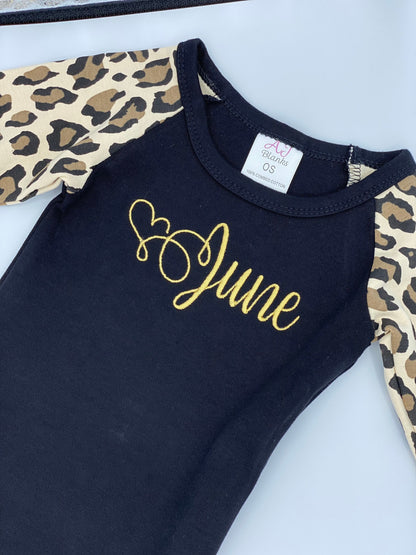 Newborn Embroidery Personalized Leopard Baby Gown with Headband