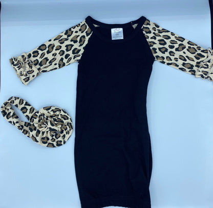 Newborn Embroidery Personalized Leopard Baby Gown with Headband