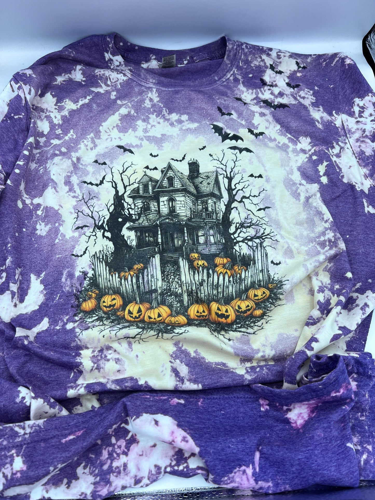 Bleached Tie Dye Halloween T-Shirt: Spooky Haunted House Graphic Tee