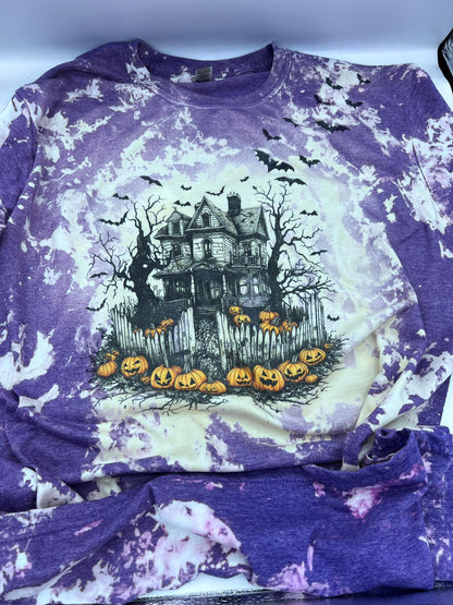 Bleached Tie Dye Halloween T-Shirt: Spooky Haunted House Graphic Tee