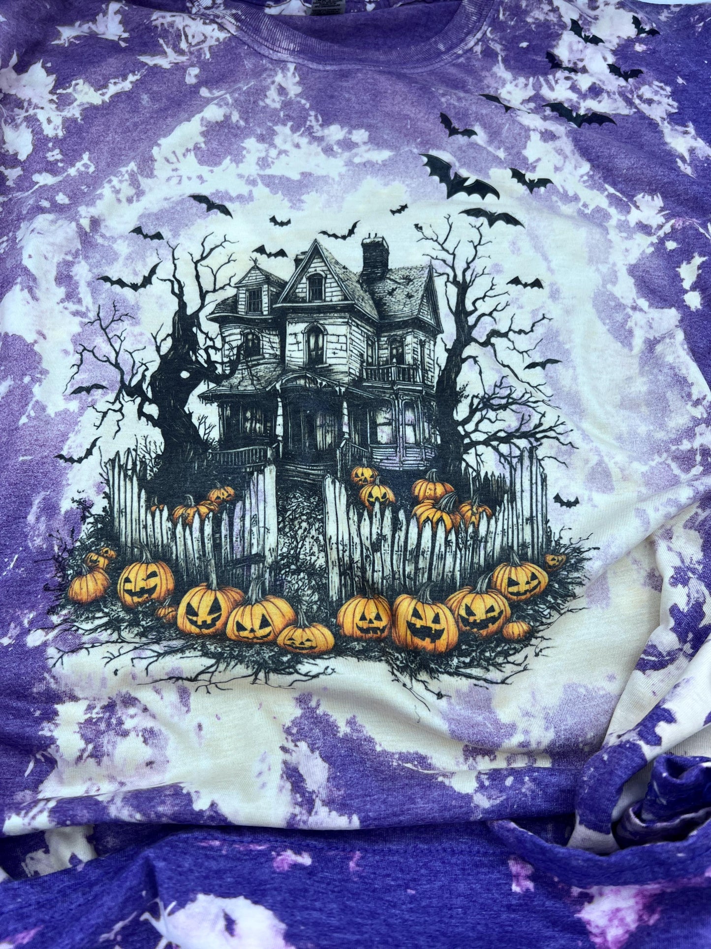 Bleached Tie Dye Halloween T-Shirt: Spooky Haunted House Graphic Tee