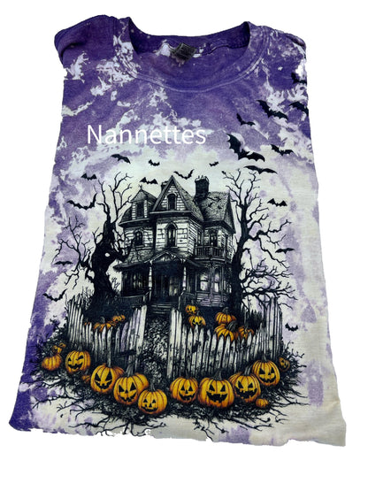 Bleached Tie Dye Halloween T-Shirt: Spooky Haunted House Graphic Tee