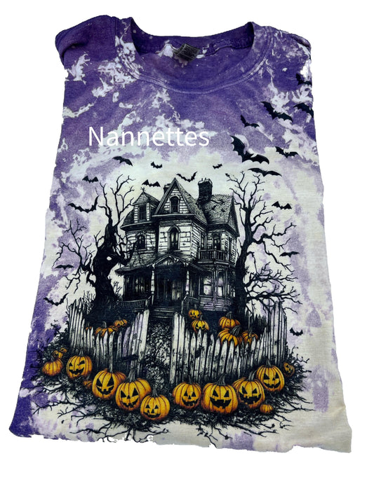 Adult - Bleached Tie Dye Halloween T-Shirt: Spooky Haunted House Graphic Tee